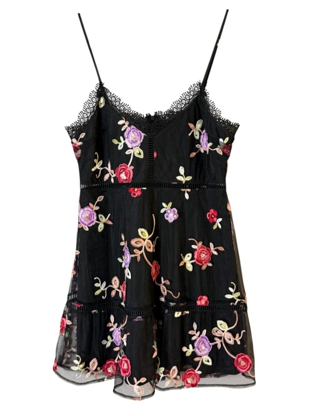 BB Dakota Mini Dress Women's size 8 Black Red Floral Embroidered Empire Waist